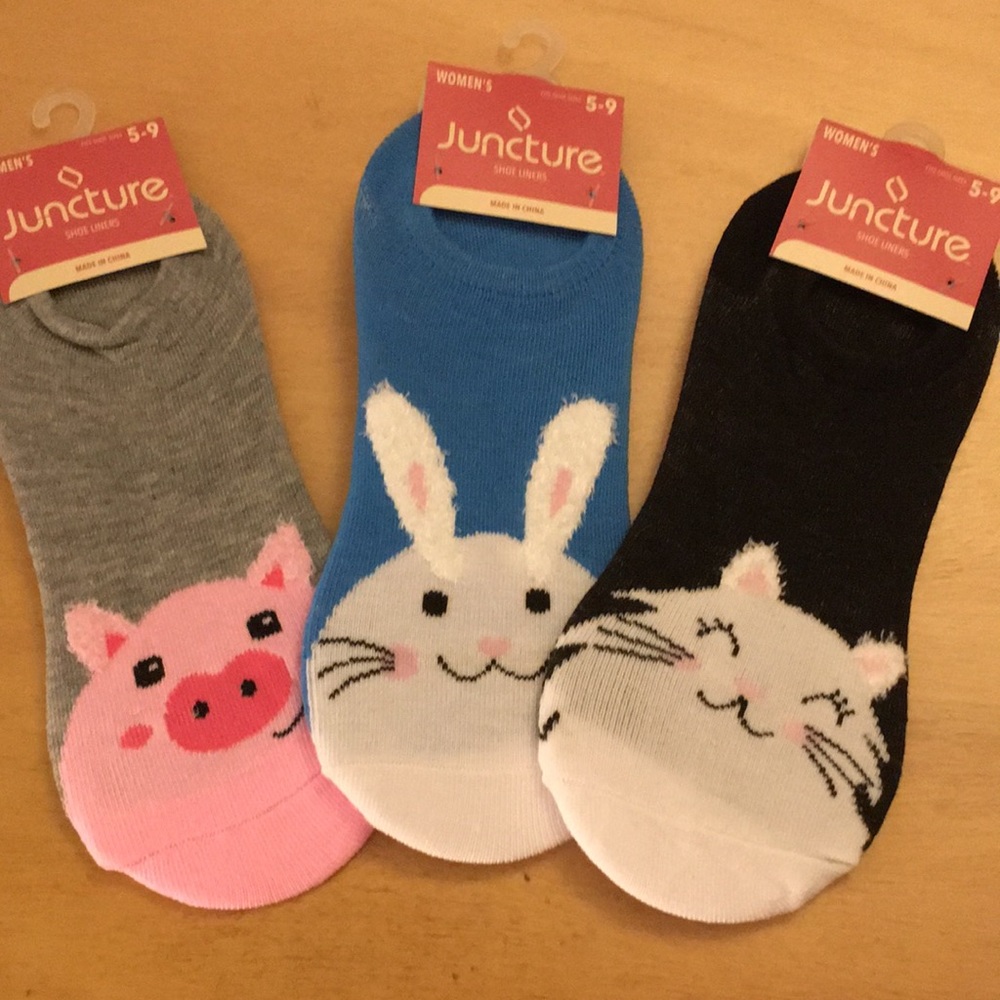 New Bundle Of 3 Kitty Bunny Piggy Lovers No Show Shoe Liners Socks Shoe Size 5-9